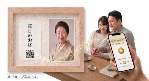 写真立て型位牌とスマホでお経を聴く様子