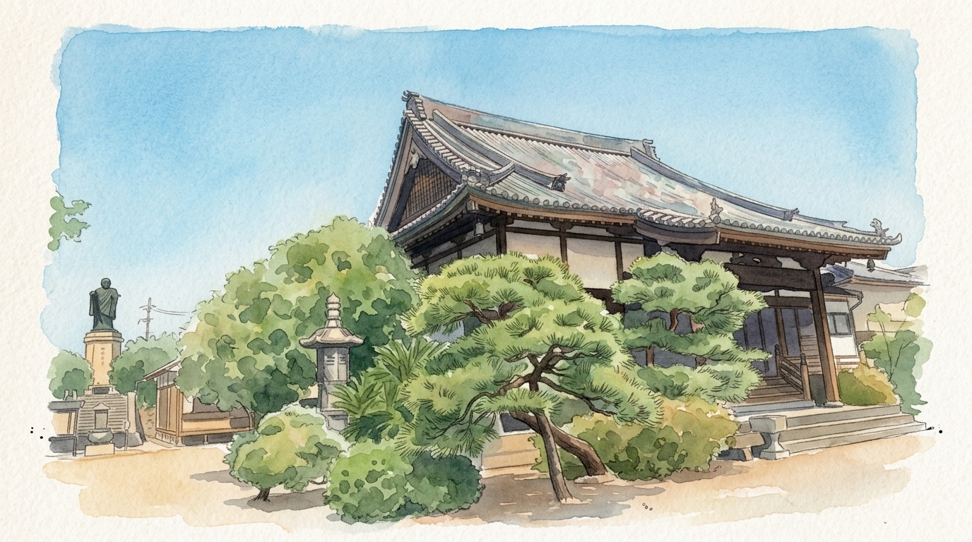 竹原山 妙覚寺の風景（水彩画調）